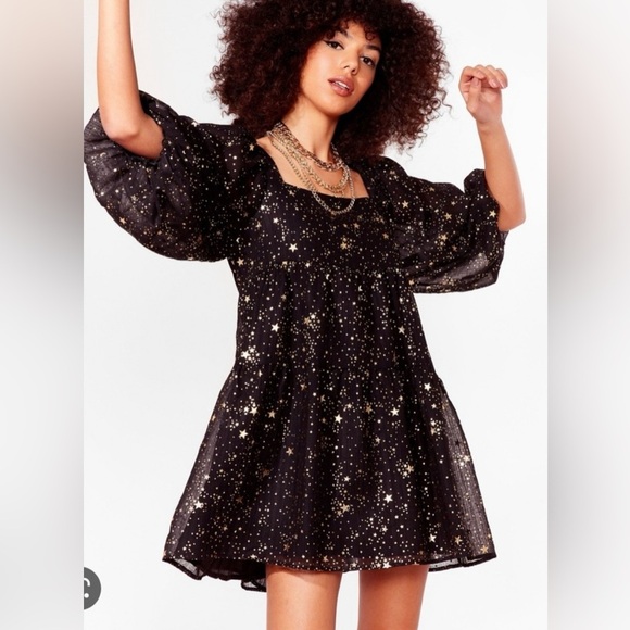 Nasty Gal Dresses & Skirts - NastyGal Black and Metallic Gold Star Flouncy Babydoll Dress